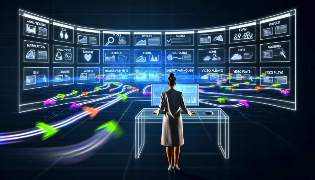 Stilisierte Illustration eines modernen Marketers vor einem großen Analytics-Dashboard, umgeben von schwebenden Event-Icons, Datenströmen und Serversymbolen. Visuell wird die Komplexität und Dynamik von Event-Tracking im Jahr 2025 betont.