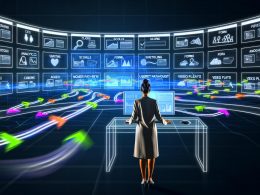 Stilisierte Illustration eines modernen Marketers vor einem großen Analytics-Dashboard, umgeben von schwebenden Event-Icons, Datenströmen und Serversymbolen. Visuell wird die Komplexität und Dynamik von Event-Tracking im Jahr 2025 betont.