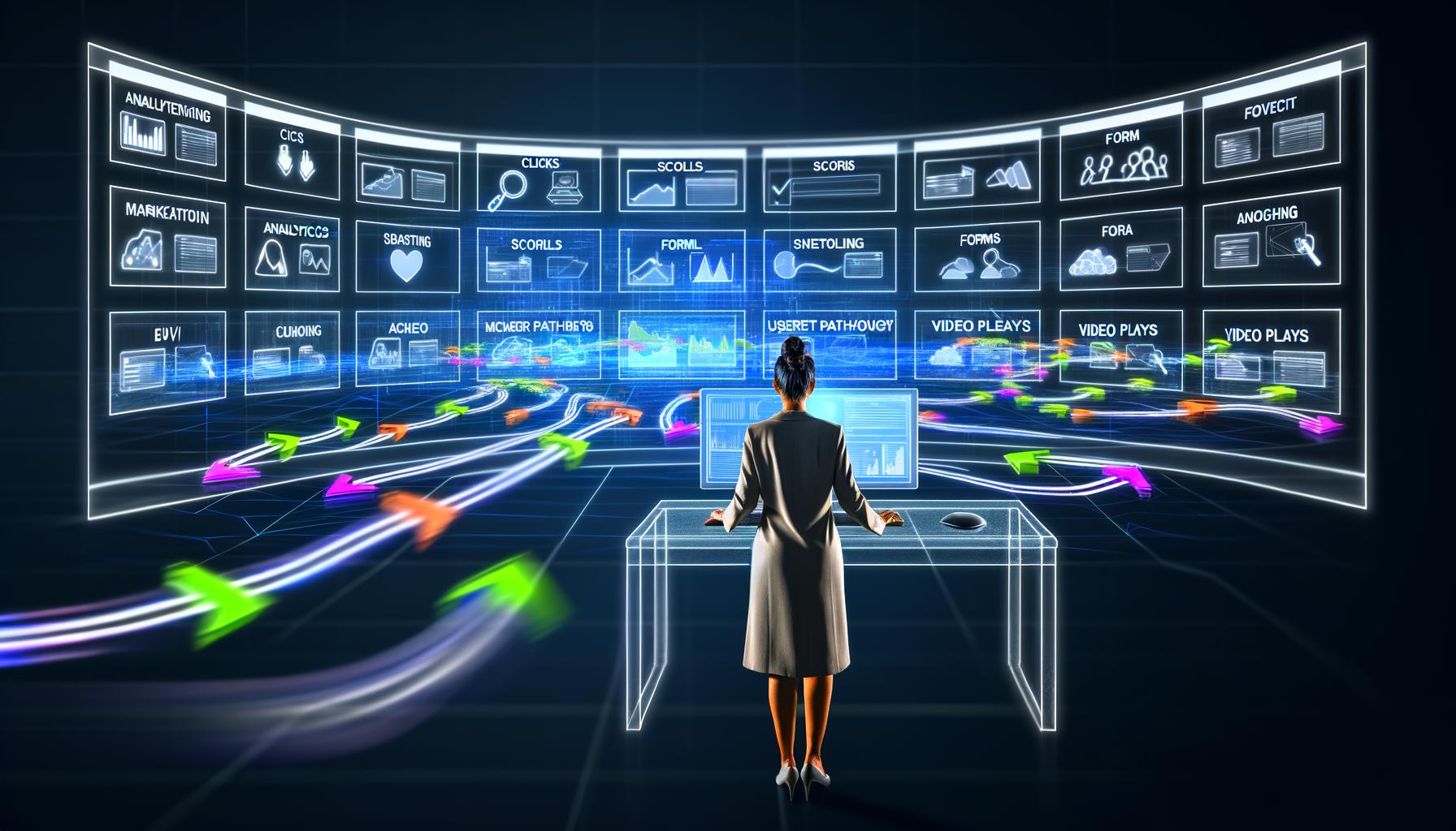 Stilisierte Illustration eines modernen Marketers vor einem großen Analytics-Dashboard, umgeben von schwebenden Event-Icons, Datenströmen und Serversymbolen. Visuell wird die Komplexität und Dynamik von Event-Tracking im Jahr 2025 betont.