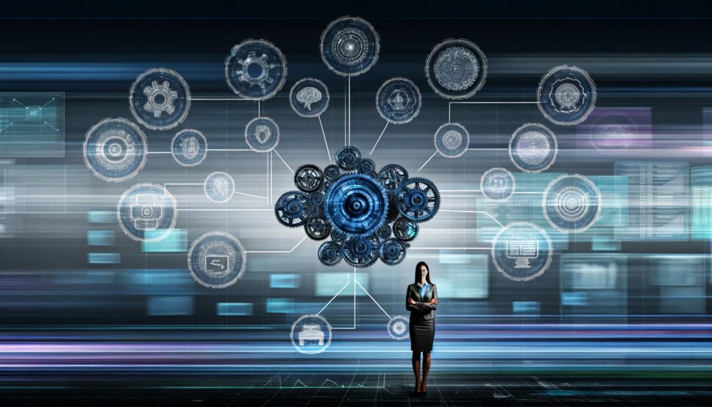 Futuristische Illustration eines digitalen Motors aus Zahnrädern, Datenströmen und Feedbackschleifen, umgeben von kollaborierenden Experten in einem High-Tech-Arbeitsumfeld.