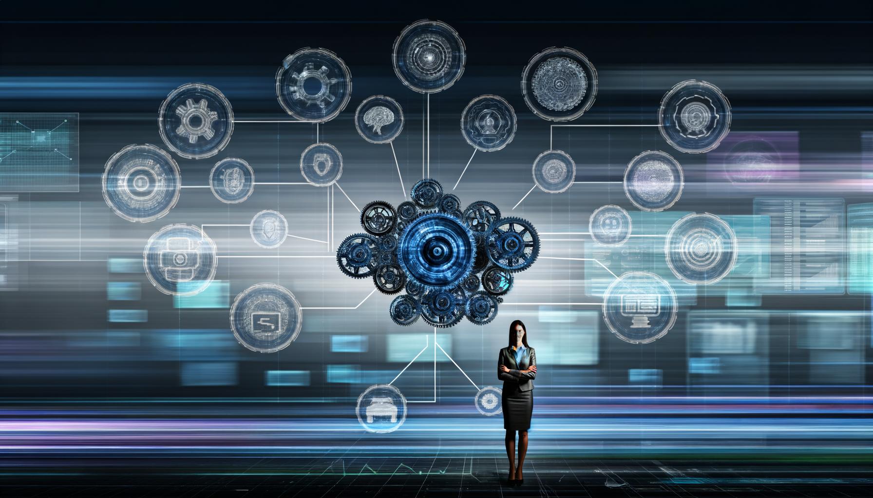 Futuristische Illustration eines digitalen Motors aus Zahnrädern, Datenströmen und Feedbackschleifen, umgeben von kollaborierenden Experten in einem High-Tech-Arbeitsumfeld.