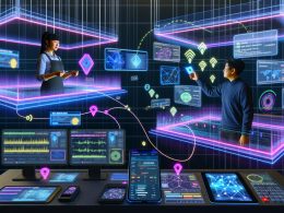 Futuristisches Kontrollzentrum mit transparenten Bildschirmen, Datenströmen, Kassiererin mit Treuekarte, Tablets und neonbeleuchteten Verbindungen zwischen realen Geräten und digitalen Dashboards.