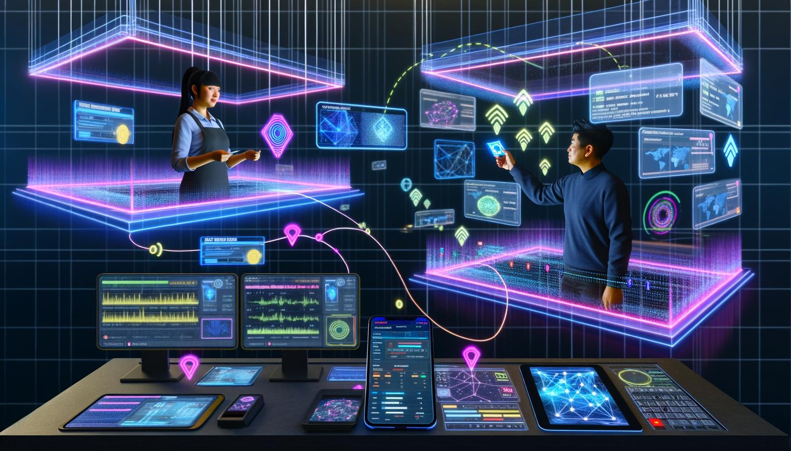 Futuristisches Kontrollzentrum mit transparenten Bildschirmen, Datenströmen, Kassiererin mit Treuekarte, Tablets und neonbeleuchteten Verbindungen zwischen realen Geräten und digitalen Dashboards.