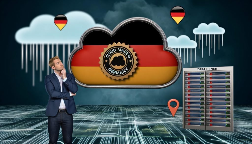 Deutscher CIO betrachtet skeptisch eine große Cloud mit „Cloud Made in Germany“-Siegel, während verborgene internationale Datenströme angedeutet werden.