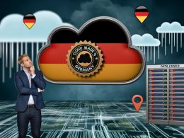 Deutscher CIO betrachtet skeptisch eine große Cloud mit „Cloud Made in Germany“-Siegel, während verborgene internationale Datenströme angedeutet werden.