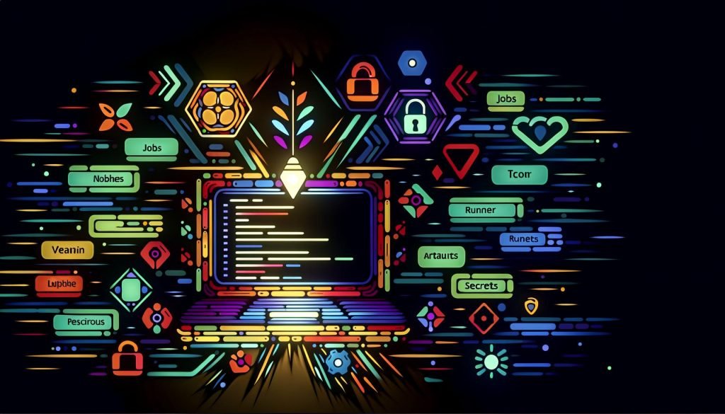 Editorial-Illustration eines modernen Entwicklerarbeitsplatzes mit GitHub Actions Dashboard, Arbeitsabläufen, Sicherheits-Icons und stackartig geschichteter Hintergrundarchitektur.