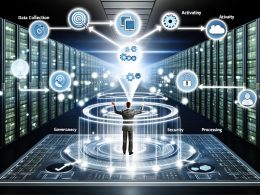 Futuristischer Serverraum mit leuchtenden Datenströmen, Marketing- und Daten-Icons sowie einem Datenmanager, der die Daten orchestriert. Digitale Dashboards zeigen zentrale Begriffe der Online-Marketing-Strategie.