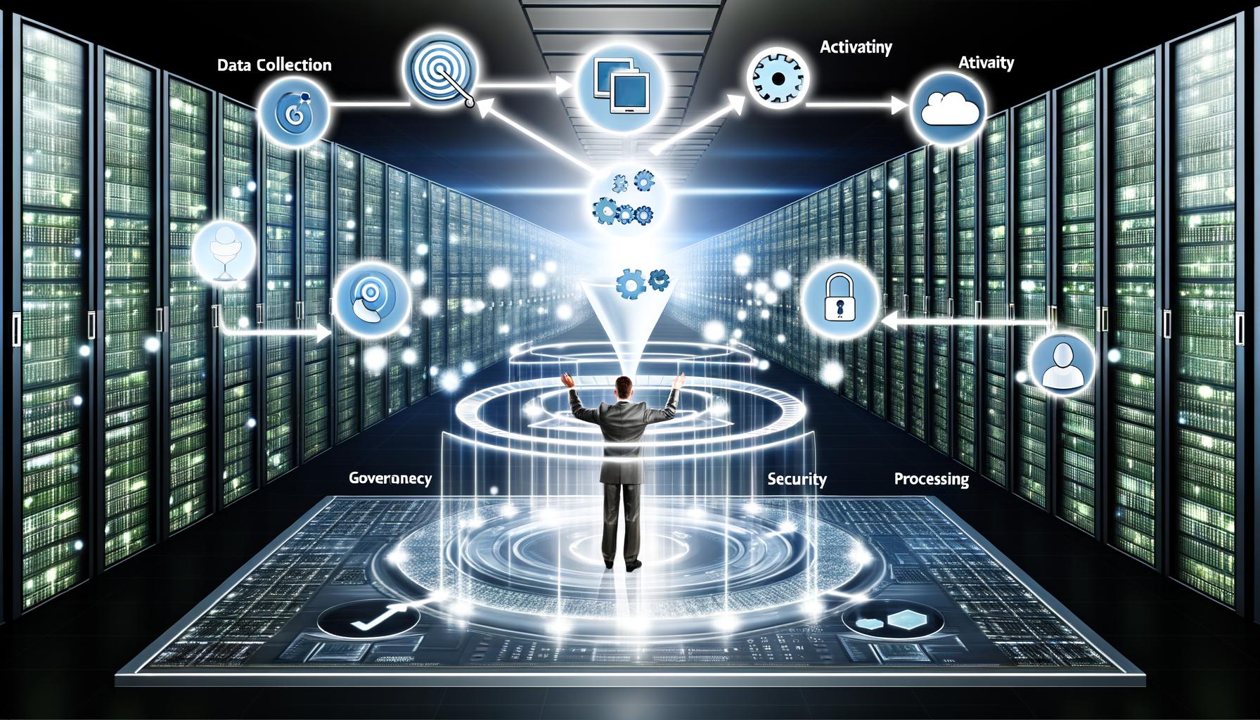 Futuristischer Serverraum mit leuchtenden Datenströmen, Marketing- und Daten-Icons sowie einem Datenmanager, der die Daten orchestriert. Digitale Dashboards zeigen zentrale Begriffe der Online-Marketing-Strategie.