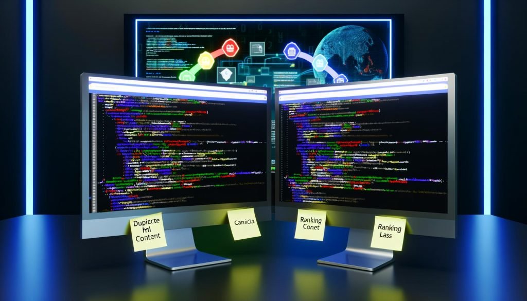Moderner Arbeitsplatz mit Monitoren, die HTML-Code mit rel=‘canonical’-Tag und SEO-Tools anzeigen, um Duplicate Content und Rankingverlust zu veranschaulichen.