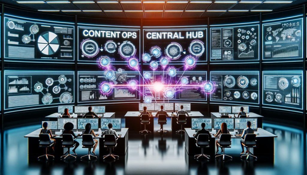 Futuristisches Marketing-Büro mit Team vor transparenten Bildschirmen, die Workflows, Datenanalysen und Automatisierung in einer dynamischen Arbeitsumgebung zeigen.