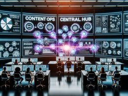 Futuristisches Marketing-Büro mit Team vor transparenten Bildschirmen, die Workflows, Datenanalysen und Automatisierung in einer dynamischen Arbeitsumgebung zeigen.