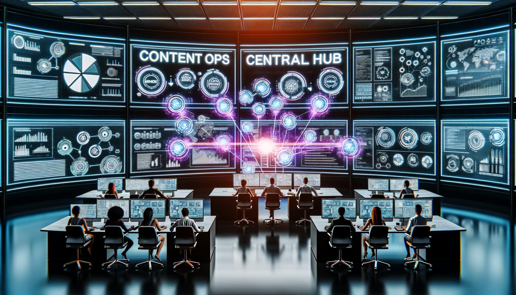 Futuristisches Marketing-Büro mit Team vor transparenten Bildschirmen, die Workflows, Datenanalysen und Automatisierung in einer dynamischen Arbeitsumgebung zeigen.