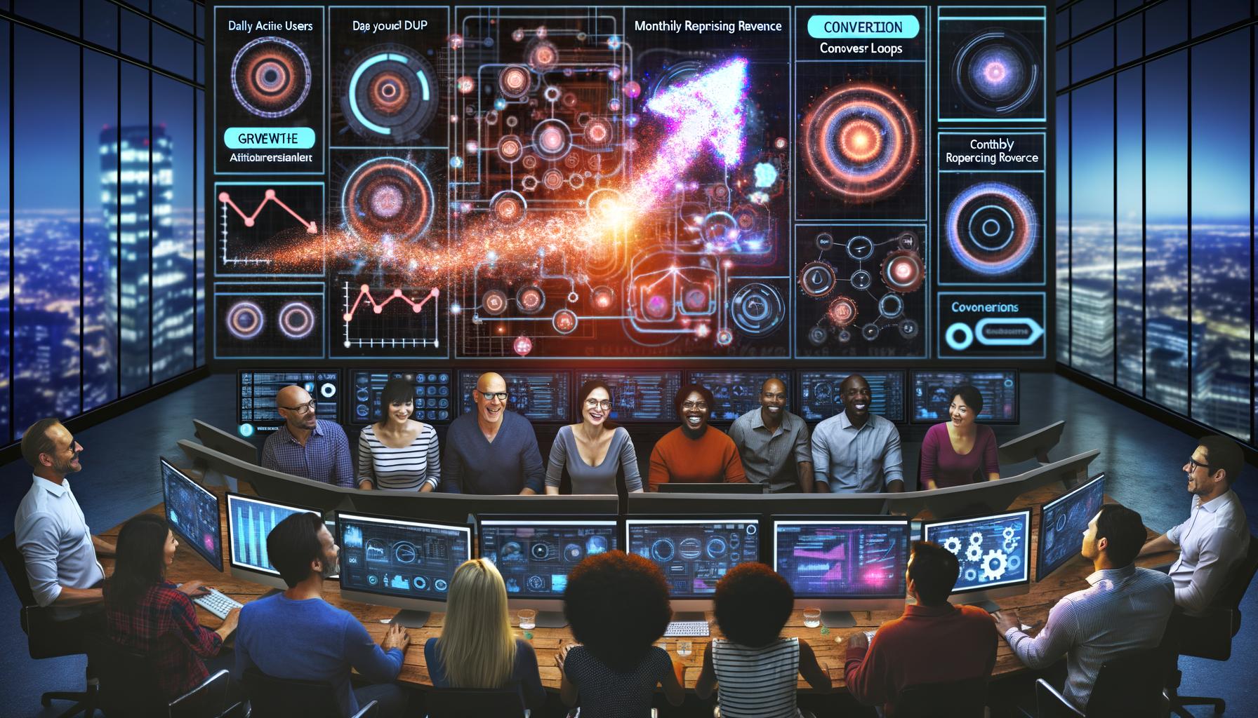 Team aus Data Scientist, Marketer und Entwickler im High-Tech Kontrollraum vor digitalen Dashboards mit Wachstumsgrafiken, Datenflüssen und Automationen