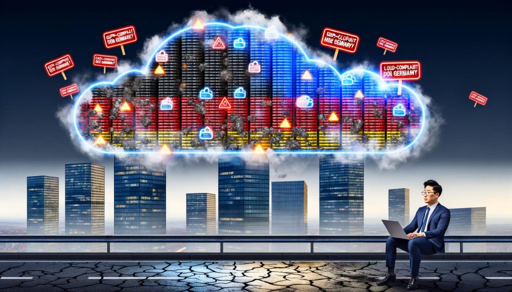 Skeptischer Geschäftsmann mit Laptop vor blendender Werbetafel, im Hintergrund deutsche Hochhäuser im Nebel und eine schwarz-rot-goldene Cloud mit auffälligen Werbeslogans, während aus der Cloud Fehlermeldungen regnen.