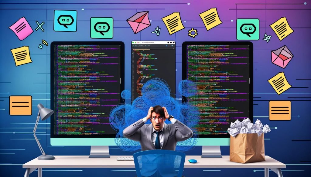 Gestresster Entwickler vor mehreren Monitoren mit chaotischen Codes und sauberen GitHub Actions Workflows im Kontrast, Symbole für Effizienz im Hintergrund.