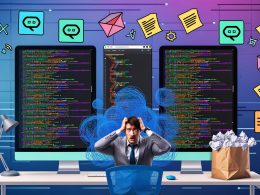 Gestresster Entwickler vor mehreren Monitoren mit chaotischen Codes und sauberen GitHub Actions Workflows im Kontrast, Symbole für Effizienz im Hintergrund.