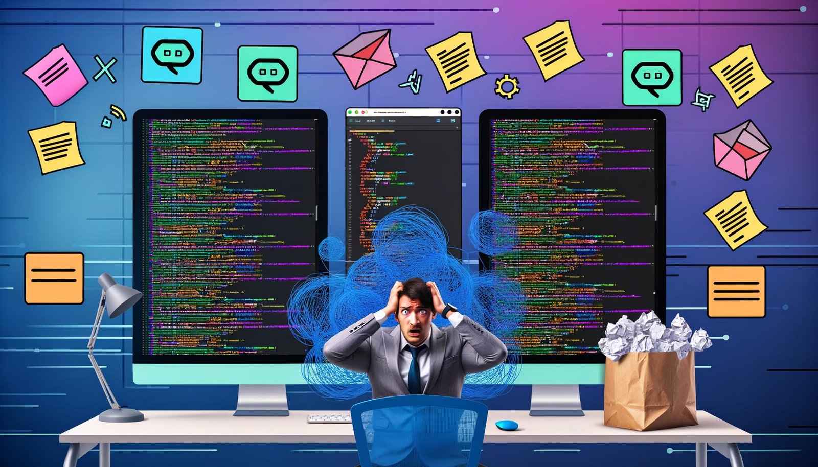 Gestresster Entwickler vor mehreren Monitoren mit chaotischen Codes und sauberen GitHub Actions Workflows im Kontrast, Symbole für Effizienz im Hintergrund.