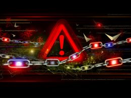 Dunkle Illustration mit leuchtenden URL-Ketten, die eine Website umschlingen, rotem Warndreieck und technischen Symbolen im Hintergrund, symbolisiert SEO-Gefahren.