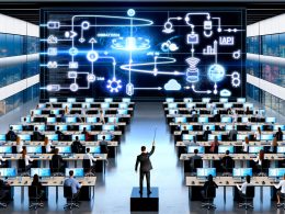 Futuristisches Großraumbüro mit Dirigentin auf Podest, die orchestrierte Teams und leuchtende Datenströme zwischen Schreibtischen und digitalen Tools dirigiert. Im Hintergrund eine riesige Displaywand mit visualisiertem, nahtlosem Content-Lebenszyklus.