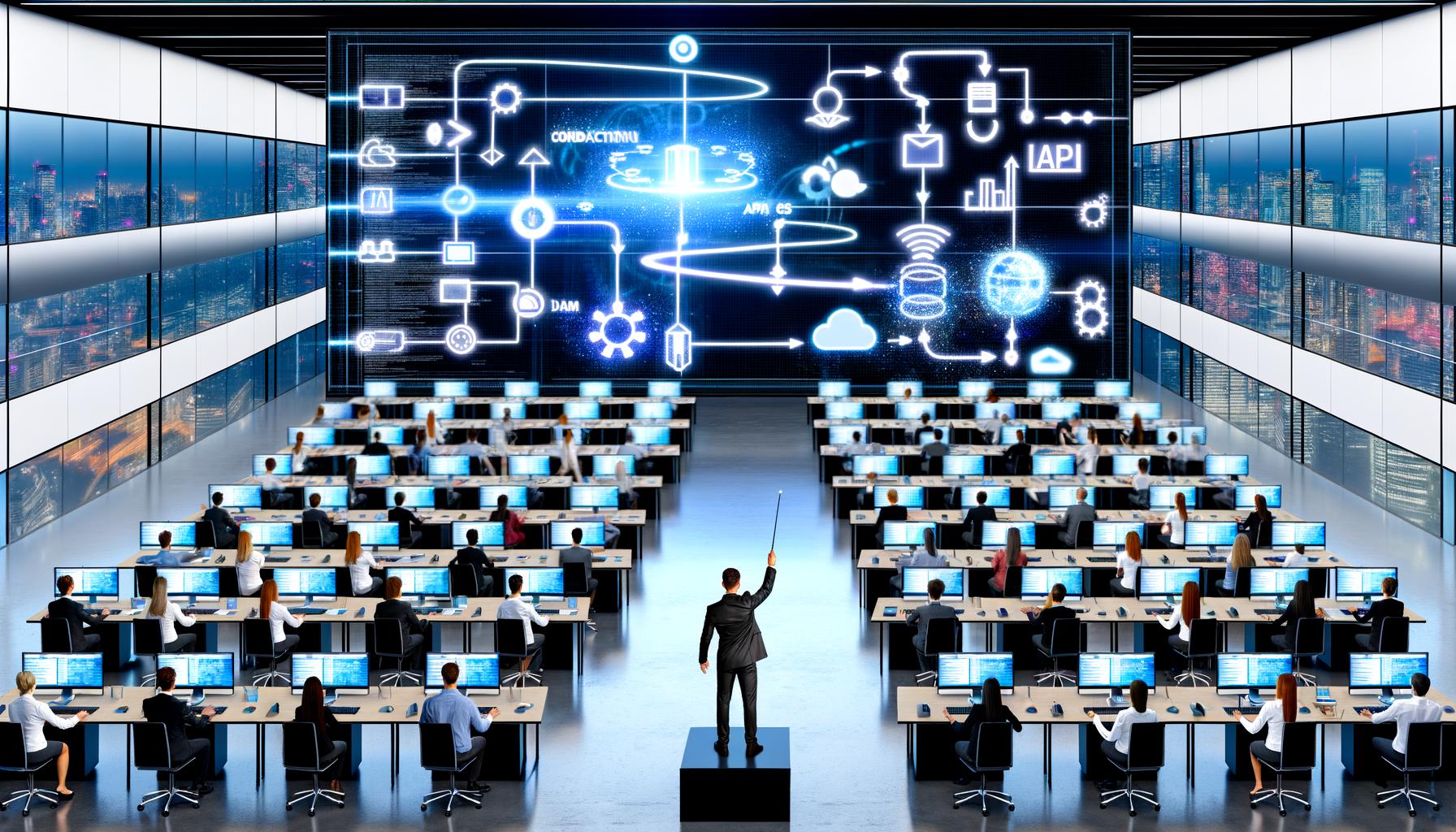 Futuristisches Großraumbüro mit Dirigentin auf Podest, die orchestrierte Teams und leuchtende Datenströme zwischen Schreibtischen und digitalen Tools dirigiert. Im Hintergrund eine riesige Displaywand mit visualisiertem, nahtlosem Content-Lebenszyklus.