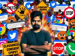 Webentwickler mit verschränkten Armen vor Collage aus gesperrten Cookie-Bannern, zerstörten Tracking-Skripten, zerschnittenen Datenleitungen, Stopp-Schildern von Browser- und Adblocker-Logos.