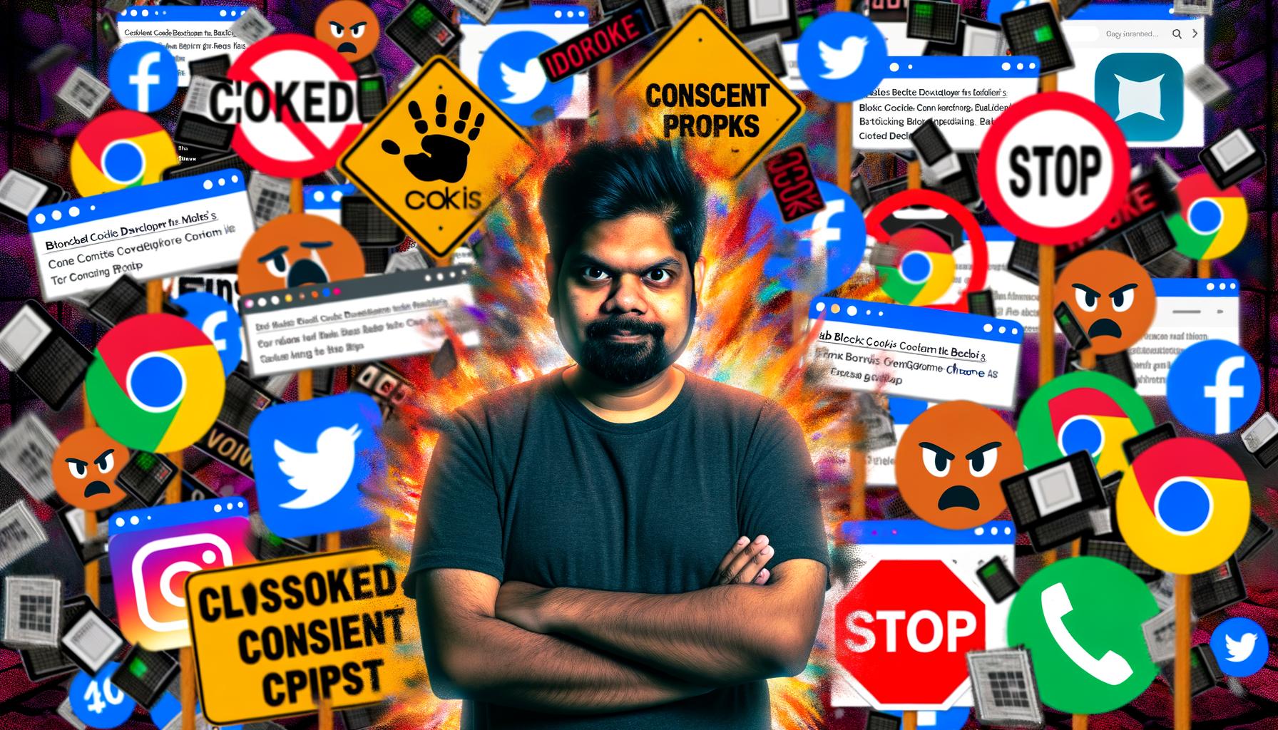 Webentwickler mit verschränkten Armen vor Collage aus gesperrten Cookie-Bannern, zerstörten Tracking-Skripten, zerschnittenen Datenleitungen, Stopp-Schildern von Browser- und Adblocker-Logos.
