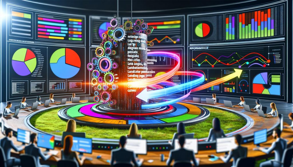 Hightech-Marketing-Zentrale mit KI-gesteuerten Prompts, automatisierter Inhaltserstellung und leuchtenden Performance-Dashboards