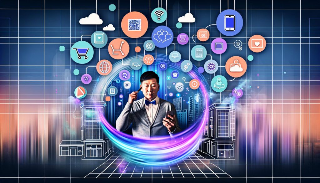 Zentrale Person mit Smartphone, die nahtlos zwischen stilisiertem Geschäft und digitaler Benutzeroberfläche wechselt, umgeben von vernetzten Icons und futuristischer Stadt im Hintergrund.