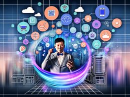 Zentrale Person mit Smartphone, die nahtlos zwischen stilisiertem Geschäft und digitaler Benutzeroberfläche wechselt, umgeben von vernetzten Icons und futuristischer Stadt im Hintergrund.