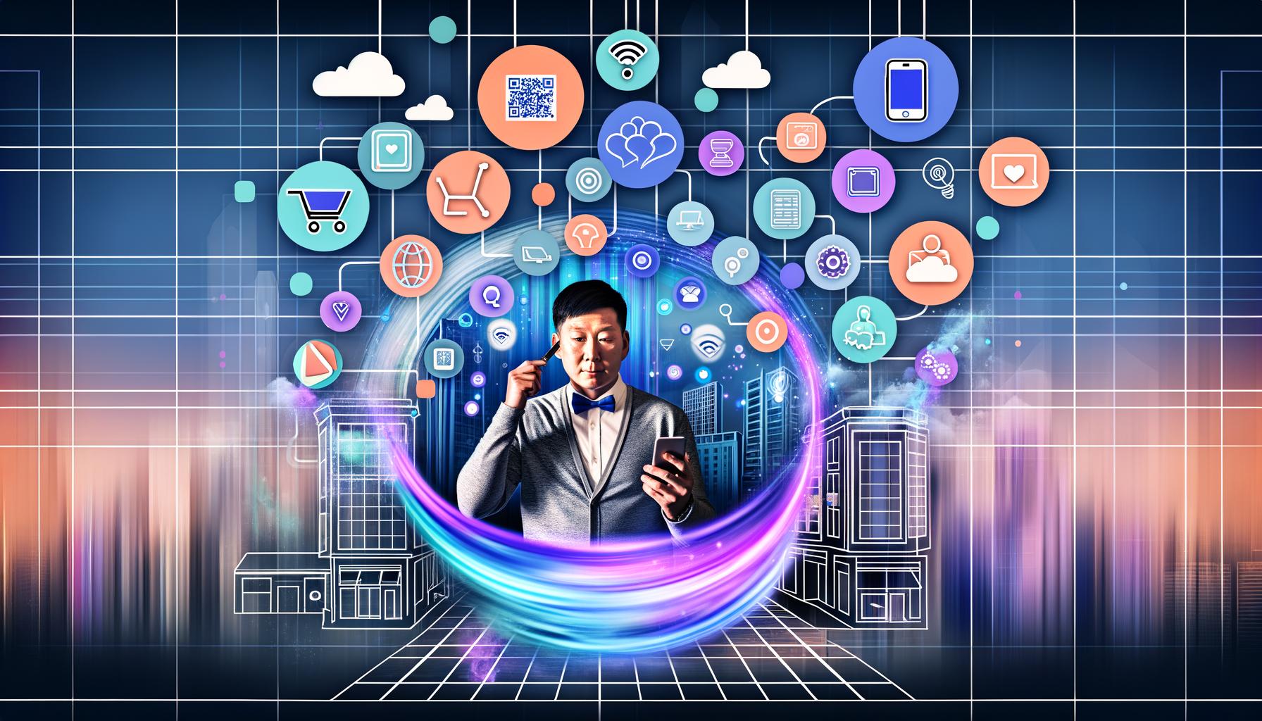 Zentrale Person mit Smartphone, die nahtlos zwischen stilisiertem Geschäft und digitaler Benutzeroberfläche wechselt, umgeben von vernetzten Icons und futuristischer Stadt im Hintergrund.