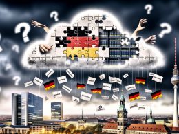 Dramatische digitale Wolke als Puzzle über deutscher Skyline mit Reichstag, Fernsehturm und Servern, die von ausländischen Händen erreicht werden, umgeben von DSGVO-, CLOUD Act- und Schrems II-Papieren.