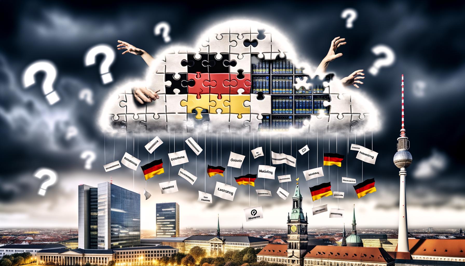 Dramatische digitale Wolke als Puzzle über deutscher Skyline mit Reichstag, Fernsehturm und Servern, die von ausländischen Händen erreicht werden, umgeben von DSGVO-, CLOUD Act- und Schrems II-Papieren.