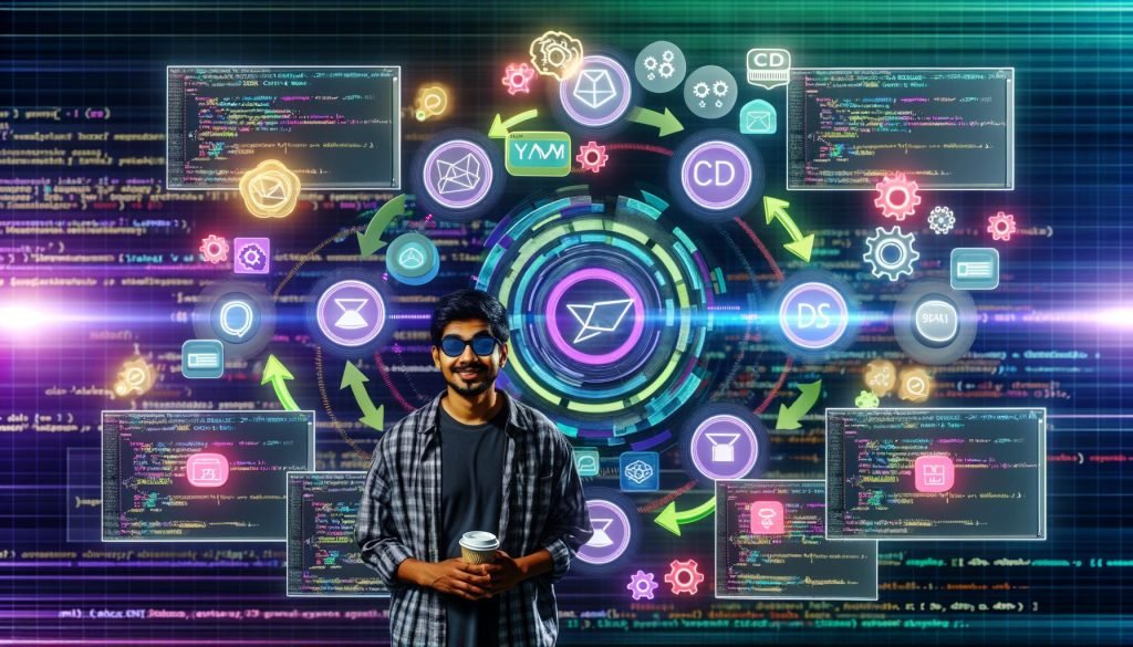 Moderner Entwickler mit Kaffeetasse an einem Arbeitsplatz vor Bildschirmen mit laufenden DevOps-Prozessen im Stil von GitHub Actions, im Hintergrund digitale Workflows mit YAML, CI/CD-Icons und animierten Zahnrädern.