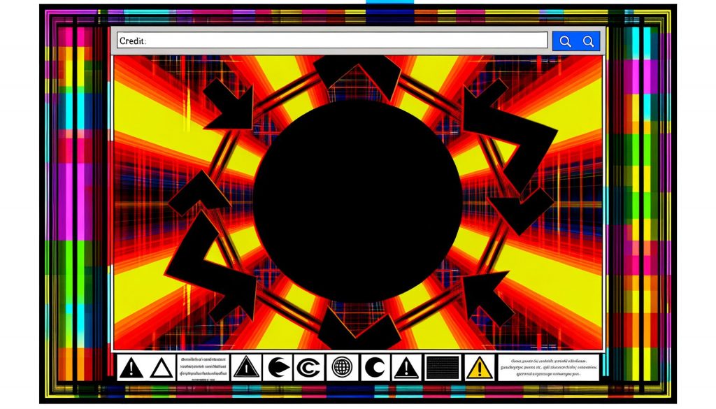 Abstraktes Website-Titelbild mit auffälligen Farben, kreisenden Pfeilen, HTTP-Statuscodes, Googlebot-Logos, Warnsymbolen und schwarzem Zentrum.