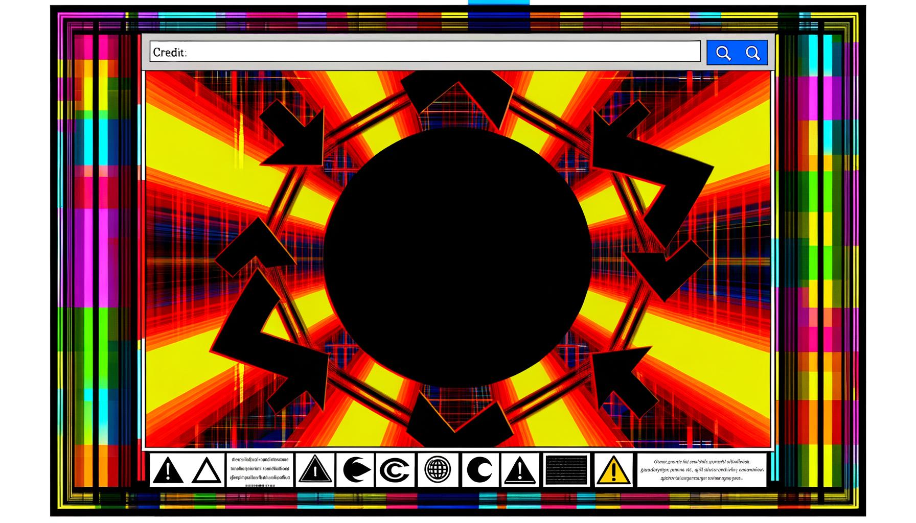 Abstraktes Website-Titelbild mit auffälligen Farben, kreisenden Pfeilen, HTTP-Statuscodes, Googlebot-Logos, Warnsymbolen und schwarzem Zentrum.