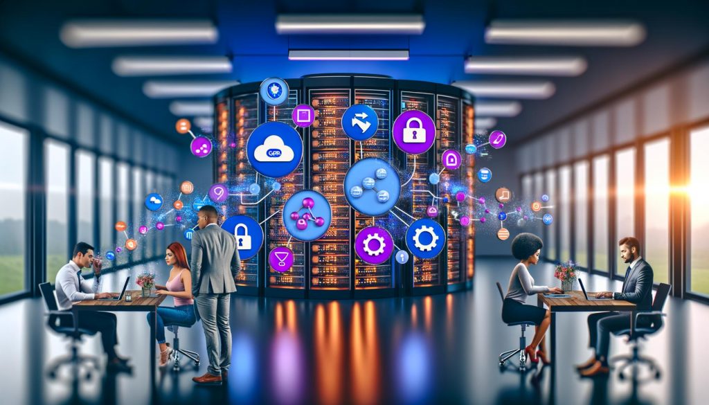 Innovation im Marketingbüro: Fokus auf Datenmanagement, Touchscreen-Display mit Visualisierungen, Marketers am Laptop, Server-Raum mit LED-Lichtern und DSGVO-konforme Elemente.