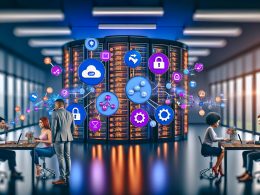 Innovation im Marketingbüro: Fokus auf Datenmanagement, Touchscreen-Display mit Visualisierungen, Marketers am Laptop, Server-Raum mit LED-Lichtern und DSGVO-konforme Elemente.