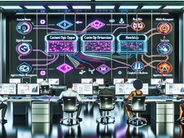 Modernes Büro mit Team an Schreibtischen, die ein digitales Content Ops Planner Touchboard mit integrierten Modulen und vernetzten Tools nutzen