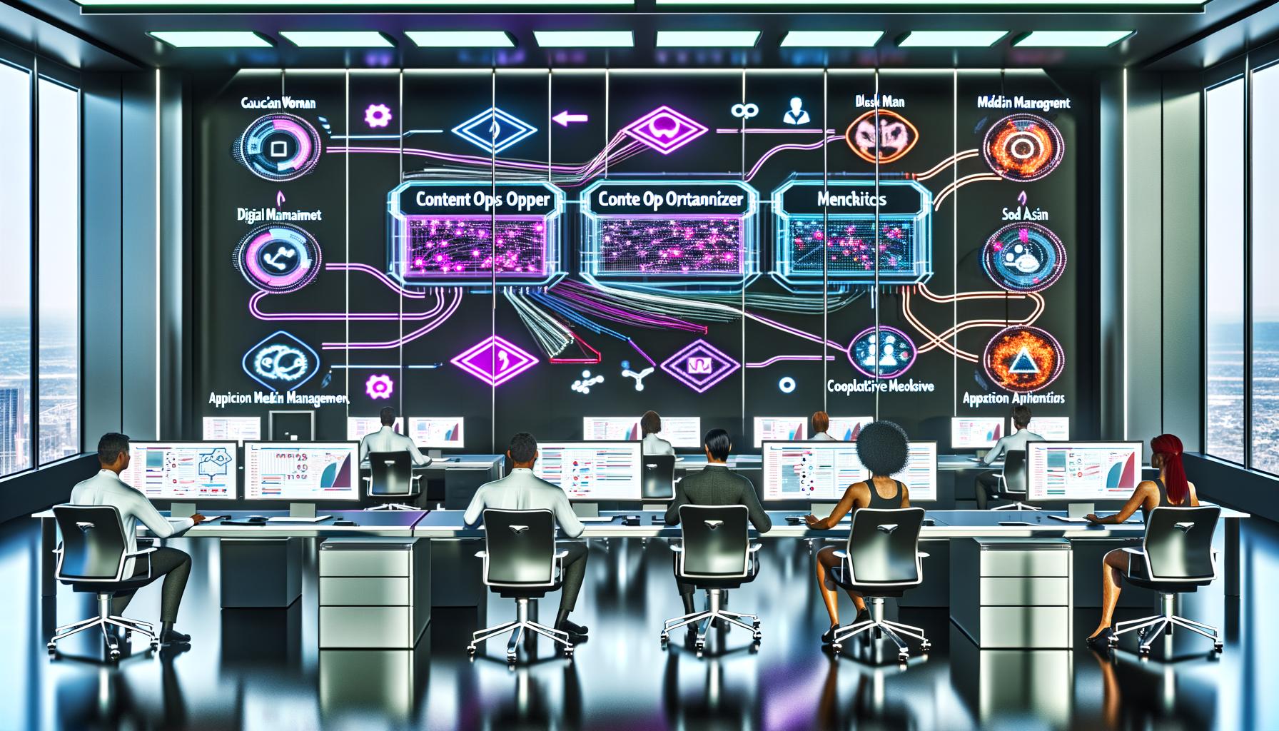 Modernes Büro mit Team an Schreibtischen, die ein digitales Content Ops Planner Touchboard mit integrierten Modulen und vernetzten Tools nutzen