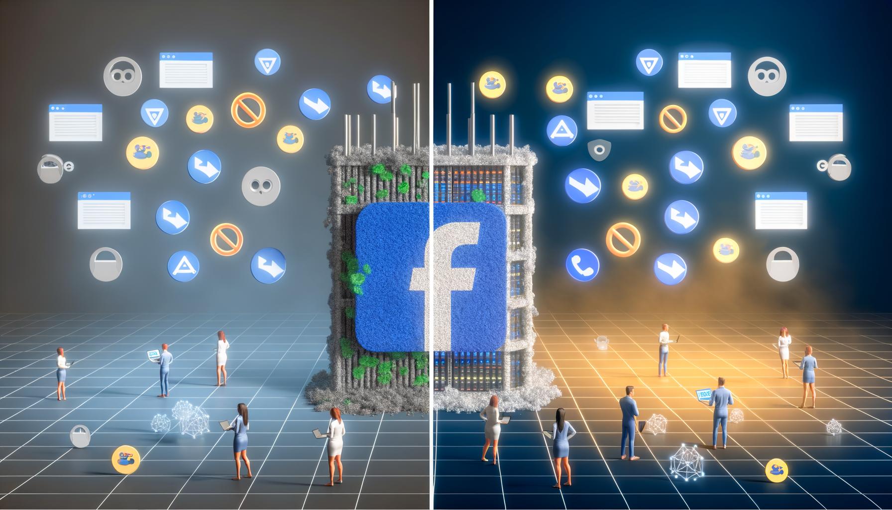 Split-Screen-Illustration mit veraltetem Facebook Pixel-Logo blockiert von AdBlockern und Cookie-Bannern links, moderner Server-Rack mit Datenströmen zum Facebook CAPI-Logo und effizienten Marketern rechts.