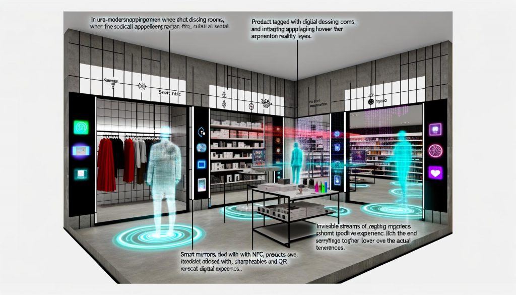 Hightech-Einkaufsumgebung mit Smart Mirrors, leuchtenden QR-Codes, NFC-Tags und Kunden, die per Smartphone und Wearables Produkte digital erleben