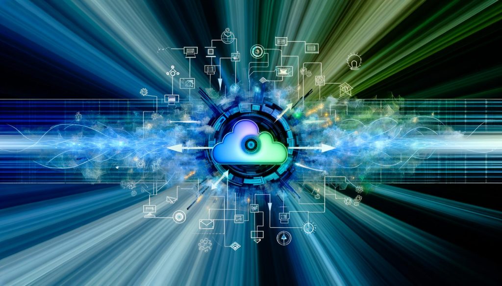 Illustrierter digitaler Motor mit Datenströmen, Code, API-Symbolen und Cloud-Elementen, der mit blauen und grünen Neonfarben leuchtet, umgeben von Pfeilen für Automatisierung hin zu Marketing, Vertrieb und Analyse.