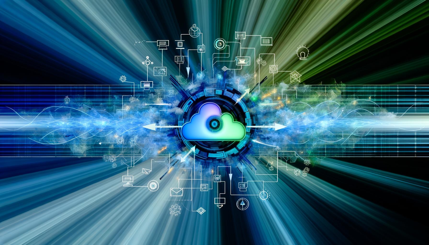Illustrierter digitaler Motor mit Datenströmen, Code, API-Symbolen und Cloud-Elementen, der mit blauen und grünen Neonfarben leuchtet, umgeben von Pfeilen für Automatisierung hin zu Marketing, Vertrieb und Analyse.