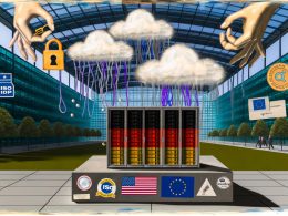 Collage eines Serverracks mit deutscher Flagge, Compliance-Abzeichen und von US-Tech gesteuerten künstlichen Wolken. Im Hintergrund moderne Datenzentren mit subtilen amerikanischen Tech-Logos, digital schwebende GDPR-Symbole und ein kritisches Farbschema.