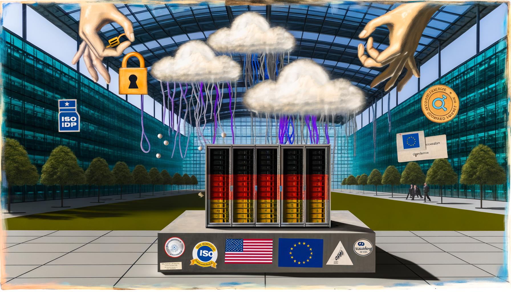 Collage eines Serverracks mit deutscher Flagge, Compliance-Abzeichen und von US-Tech gesteuerten künstlichen Wolken. Im Hintergrund moderne Datenzentren mit subtilen amerikanischen Tech-Logos, digital schwebende GDPR-Symbole und ein kritisches Farbschema.