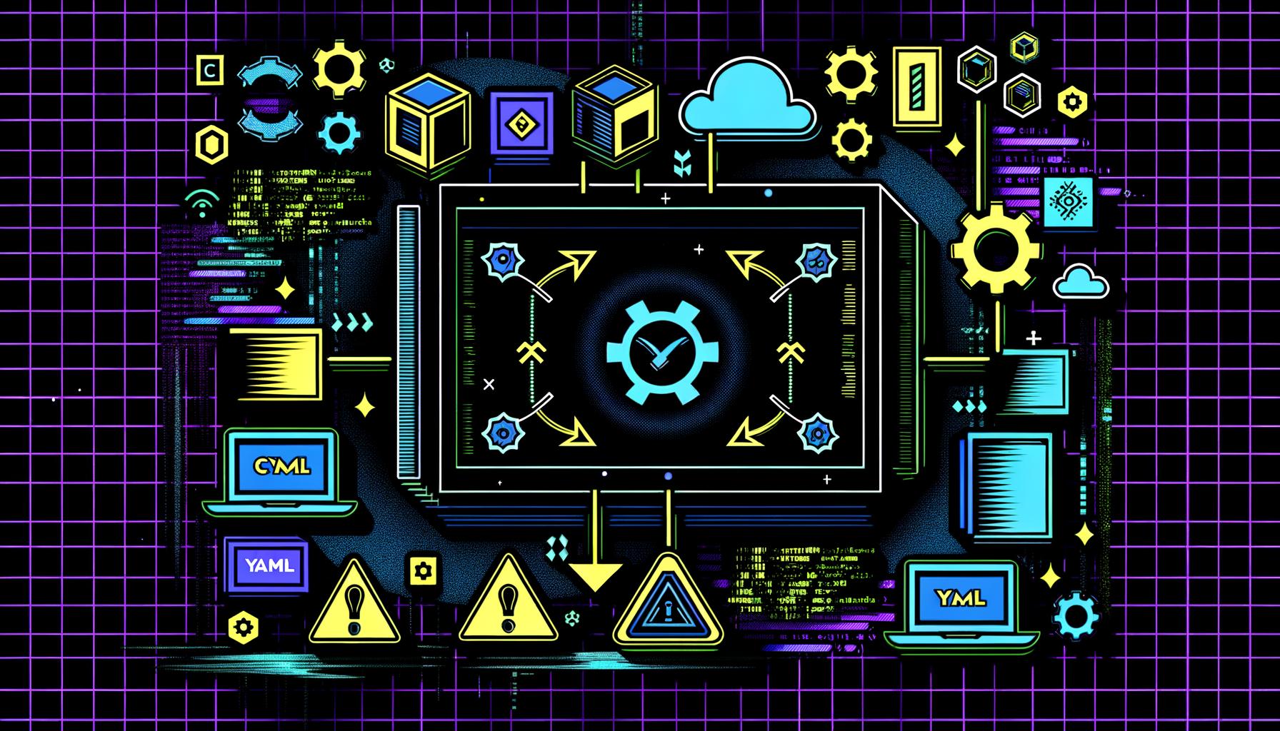 Moderne Illustration mit GitHub-Logo im Zentrum, umgeben von CI/CD-Symbolen, YAML-Code, Entwickler-Icons und Logos von Jenkins, GitLab CI sowie CircleCI. Technikaffine Farben und Glitch-Effekte im Hintergrund.