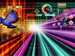 Illustration mit Vergleich zwischen einer langsamen, als Brieftaube dargestellten Website und einer schnellen, als Datenpaket gezeigten Website auf einer digitalen Autobahn mit Performance-Dashboards.