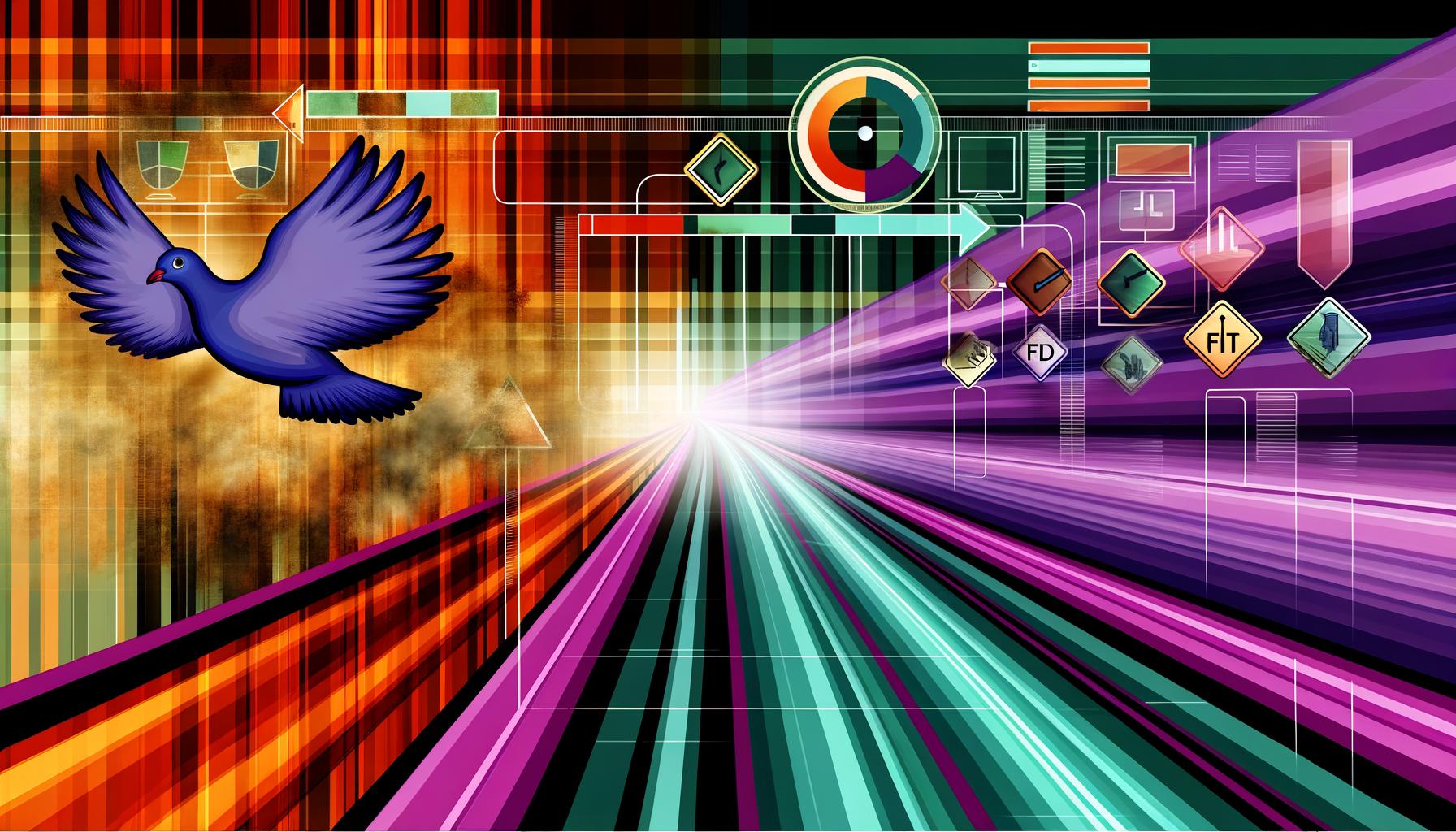 Illustration mit Vergleich zwischen einer langsamen, als Brieftaube dargestellten Website und einer schnellen, als Datenpaket gezeigten Website auf einer digitalen Autobahn mit Performance-Dashboards.