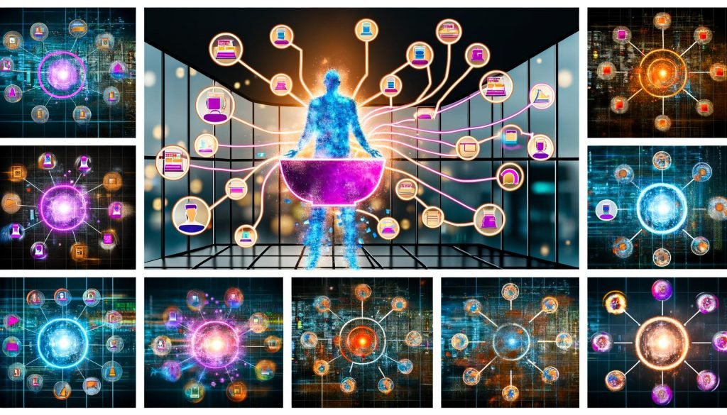 Illustrationen eines modernen Büros mit Bildschirmen voller Analysedaten, DMP-Modell mit verknüpften Datenquellen, schematischen Komponenten, Consent-Management, Vergleich DMP vs. CDP vs. CRM, Stufendiagramm für die Implementierung und finale Data-Hub als leuchtender Mittelpunkt in einer dunklen Marketinglandschaft.