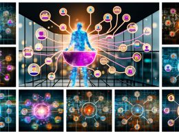 Illustrationen eines modernen Büros mit Bildschirmen voller Analysedaten, DMP-Modell mit verknüpften Datenquellen, schematischen Komponenten, Consent-Management, Vergleich DMP vs. CDP vs. CRM, Stufendiagramm für die Implementierung und finale Data-Hub als leuchtender Mittelpunkt in einer dunklen Marketinglandschaft.
